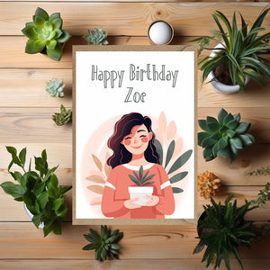 Personalised Woman & Plants Birthday Card