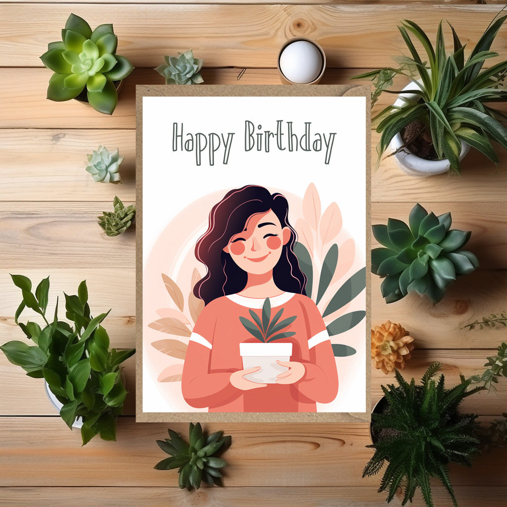 Woman & Plants Happy Birthday Card