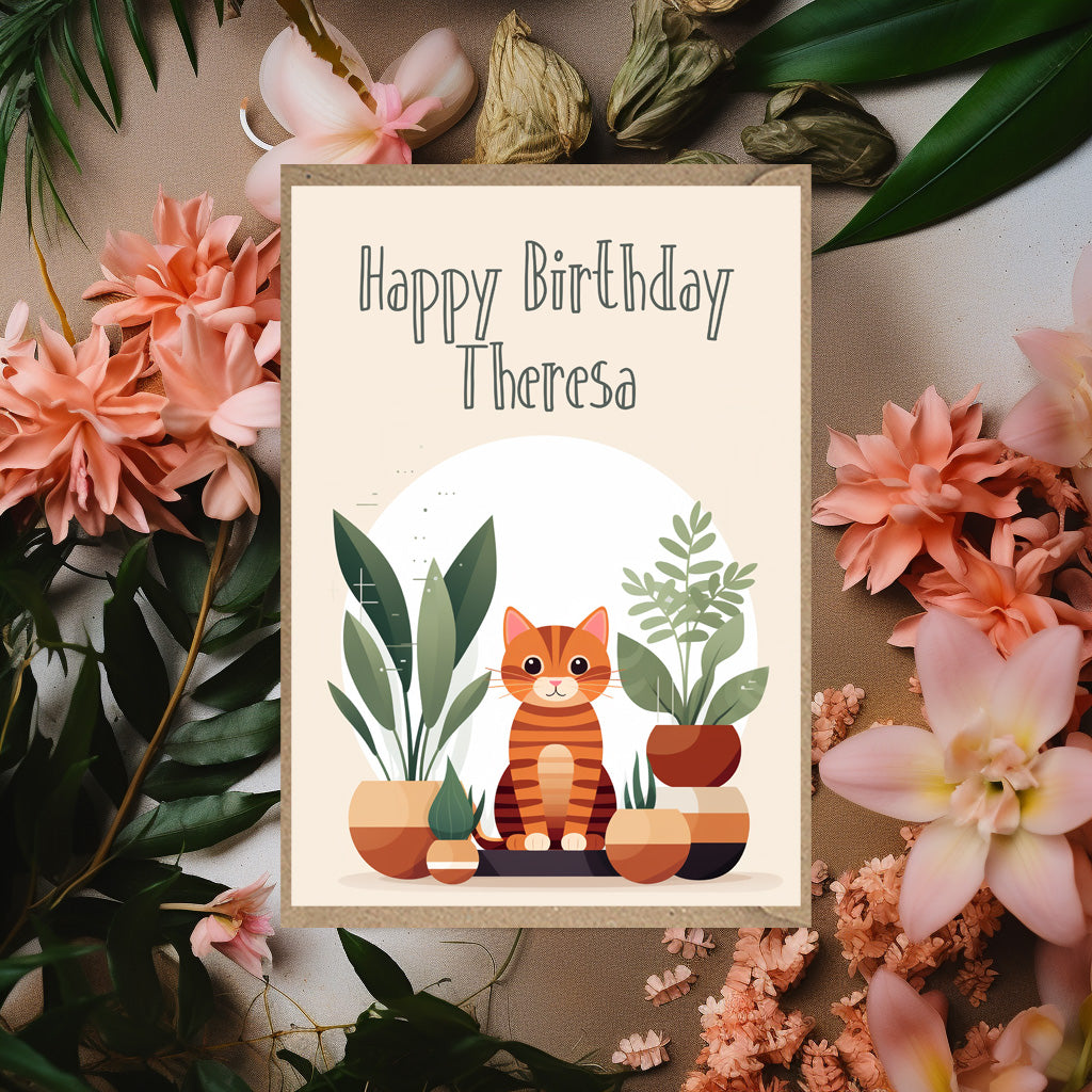 Personalised Cat & Plants Birthday Card