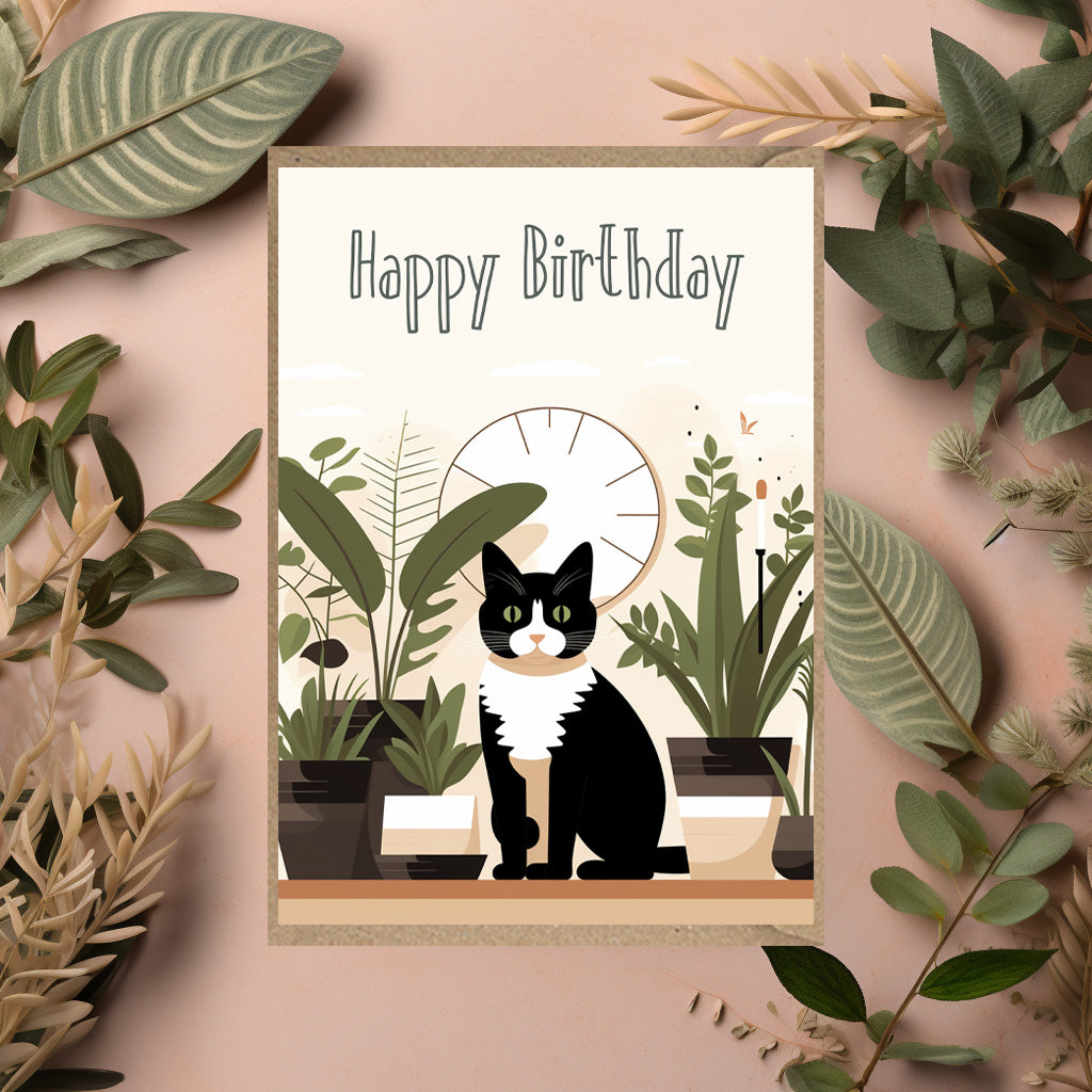 Cat & Plants Happy Birthday Card