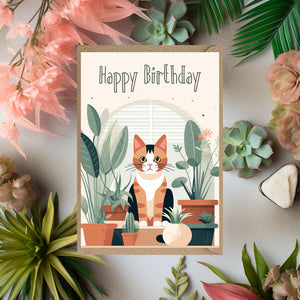 Cat & Plants Happy Birthday Card