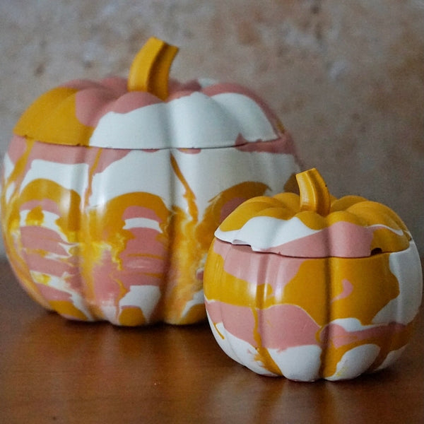 Pink, Yellow & White Block Pumpkin Pot Candle